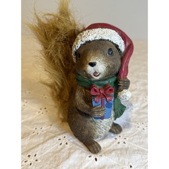 Other - Holiday Squirrel Figure 5" – Santa Hat & Gift – Faux Fur Tail – Christmas‎ Decor